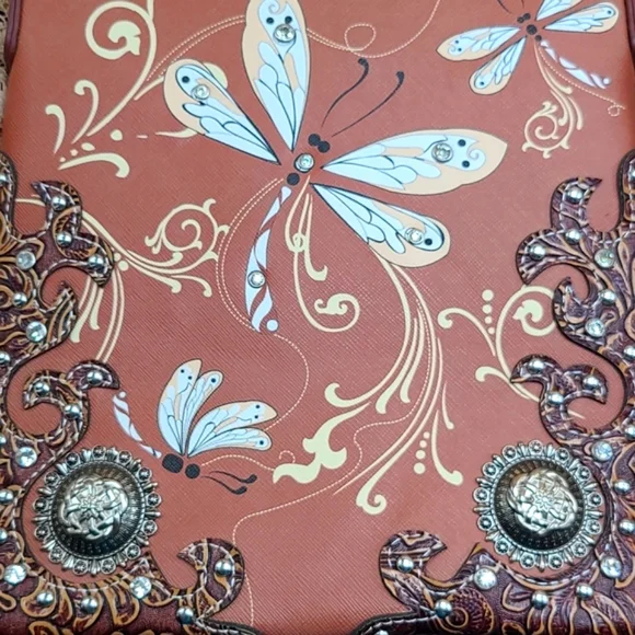 NWOT Dragonfly Faux Leather Purse Wallet Rhinestones Western Tooling Crossbody - Picture 16 of 16